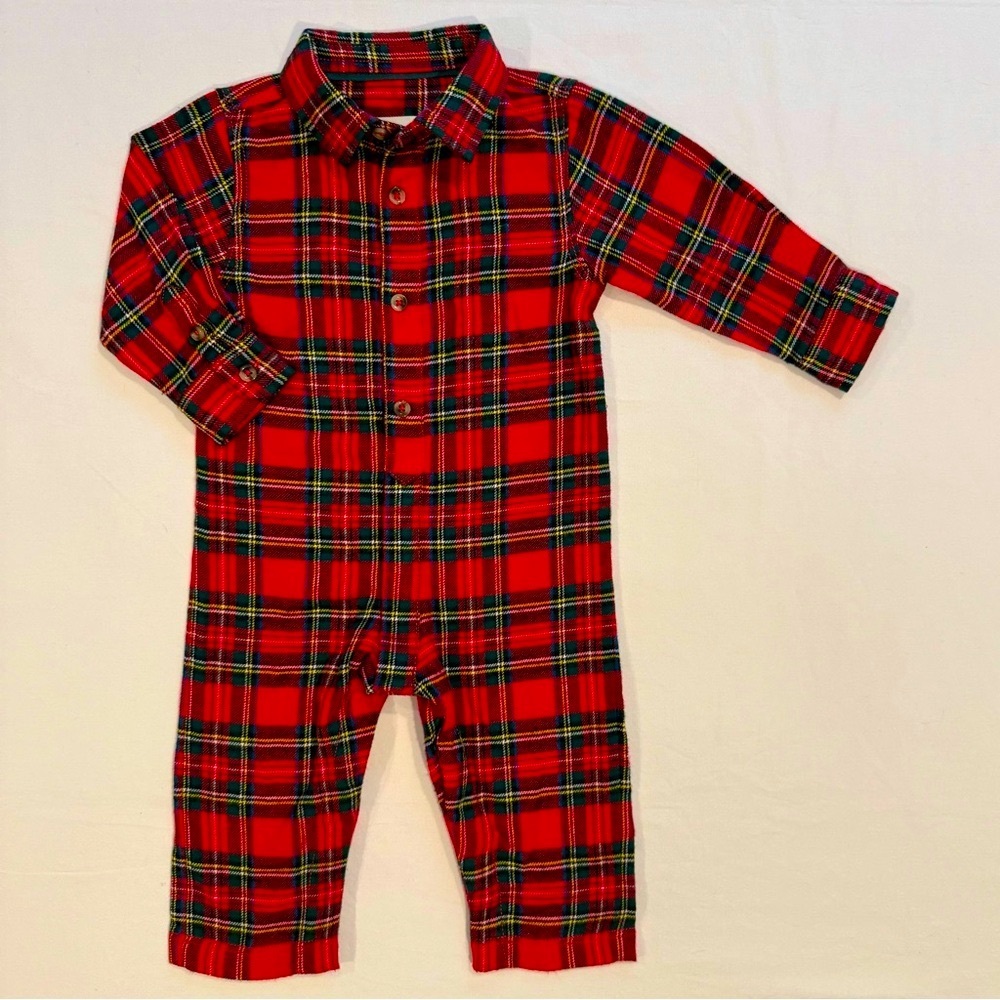 New Hatley Plaid Romper Boys 9-12M Red Cotton Flannel Button Down Christmas Baby
